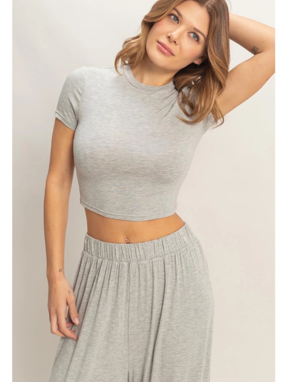 HYFVE Heather Gray Wide Leg Lounge Set Large 2 Piece Crop Top Pants